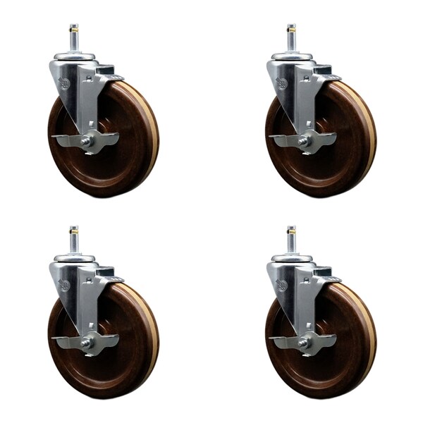 Service Caster 6'' High Temp Phenolic Swivel 7/16'' Grip Ring Stem Caster Set with Brake, 4PK SCC-GR20S615-PHRHT-TLB-716138-4 - main